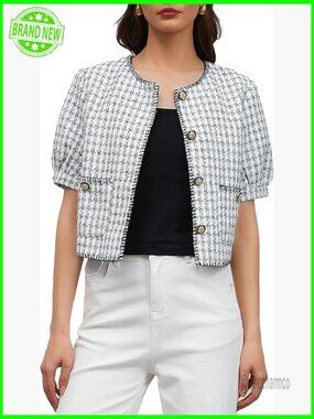 Cropped Tweed Blazer Puff Short Sleeve Button Down Work Cardigan Coat